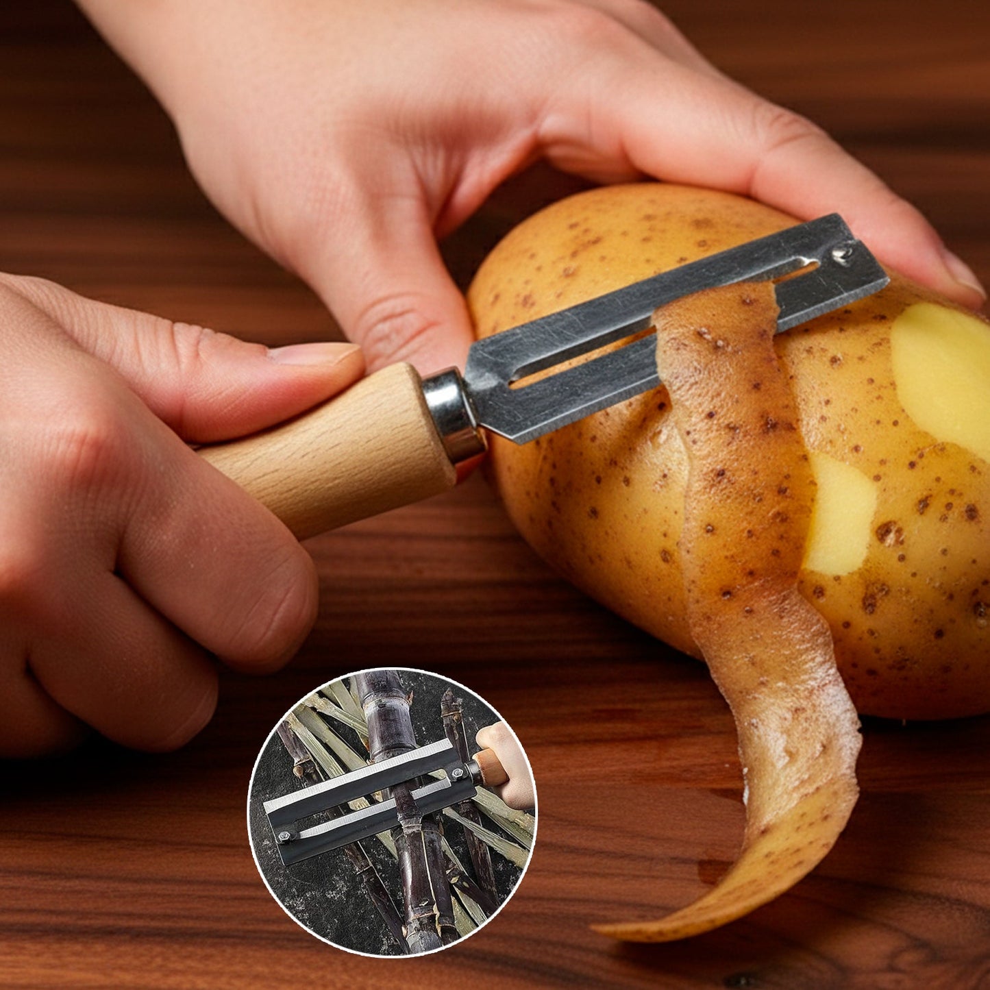 Stainless steel vegetable peeler with ergonomic wooden handle for easy peeling