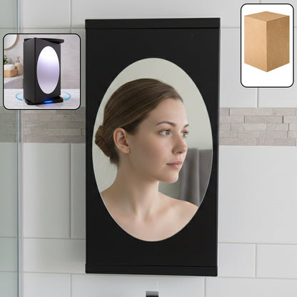 Wall mounted black rotating storage cabinet with oval mirror 22x42 cm