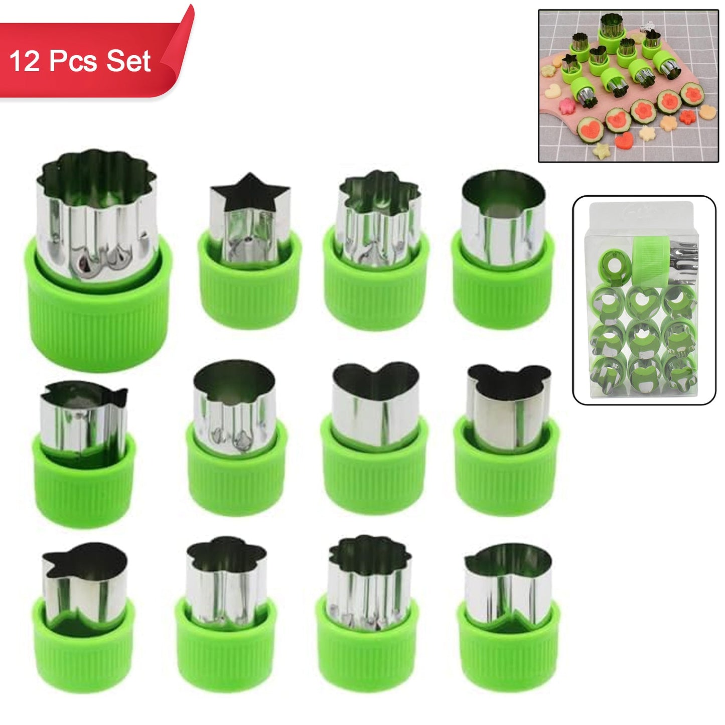 Complete 12-piece stainless steel cookie cutter set with various shapes for baking.