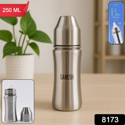 Ergonomic design of the Ganesh stainless steel baby feeding bottle for easy grip.