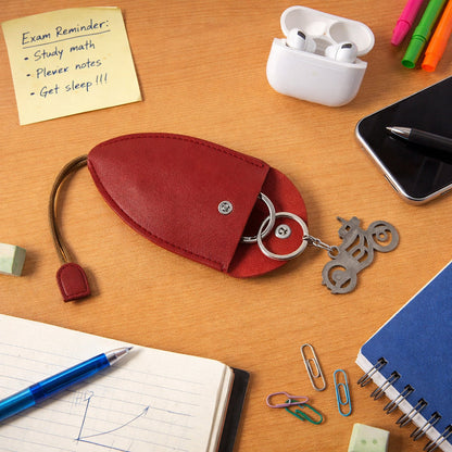Compact keyholder pouch with metal keychain ring on display
