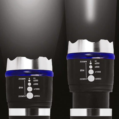 Two close-up views of the flashlight's head, showing the adjustable zoom settings with different beam widths on a dark