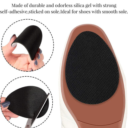 Hand demonstrating the easy application of anti-slip shoe stickers onto a high heel's sole.