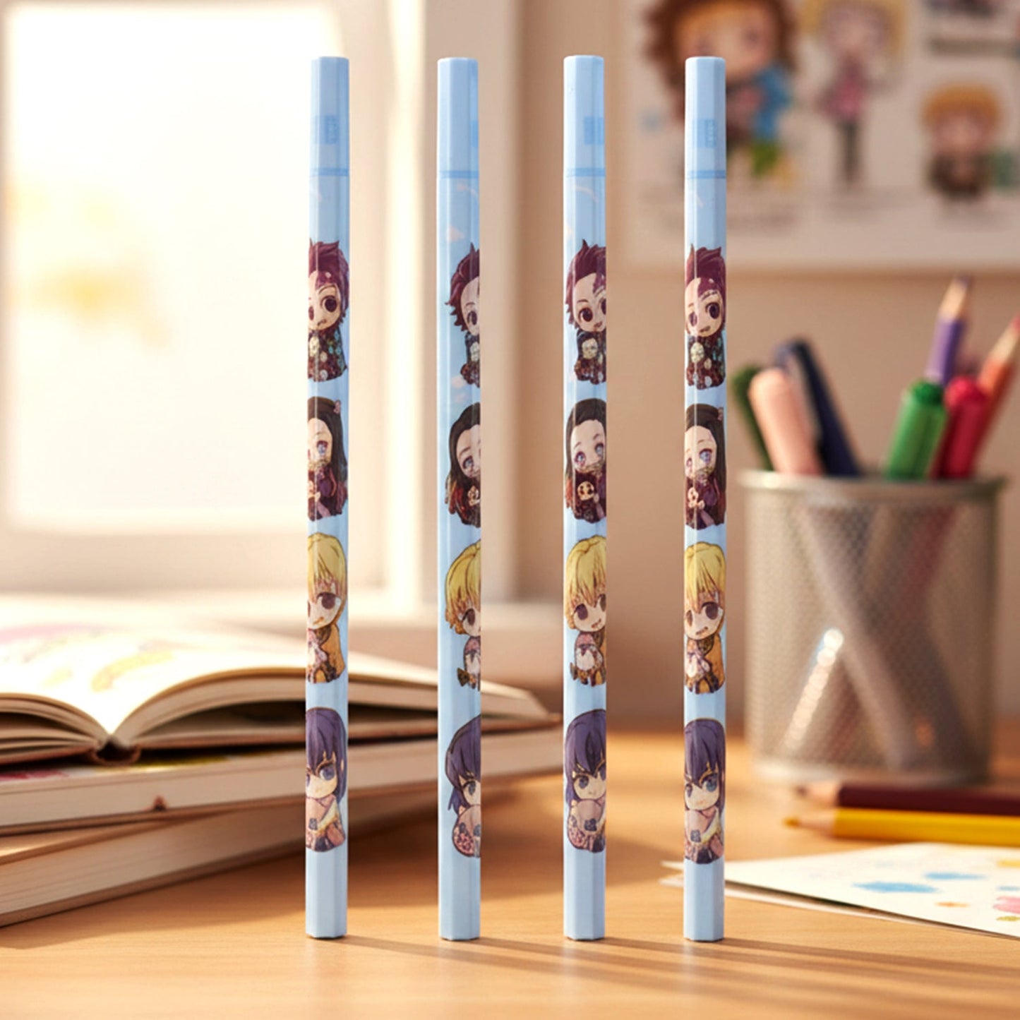 Set of 4 cartoon printed wooden pencils for kids in bright colors