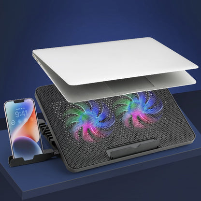Laptop cooling pad featuring a large metal mesh surface for optimal heat dissipation.
