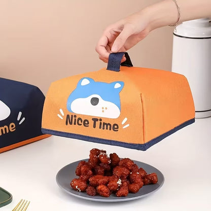 Reusable fabric food cover with cute printed design protecting plate