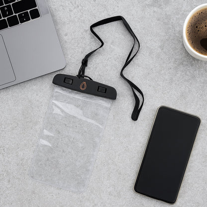 A transparent mobile pouch with a black neck strap and a red droplet logo, next to a laptop, phone, and coffee.