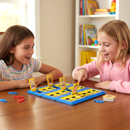Who Am I board game setup showing character cards and question play