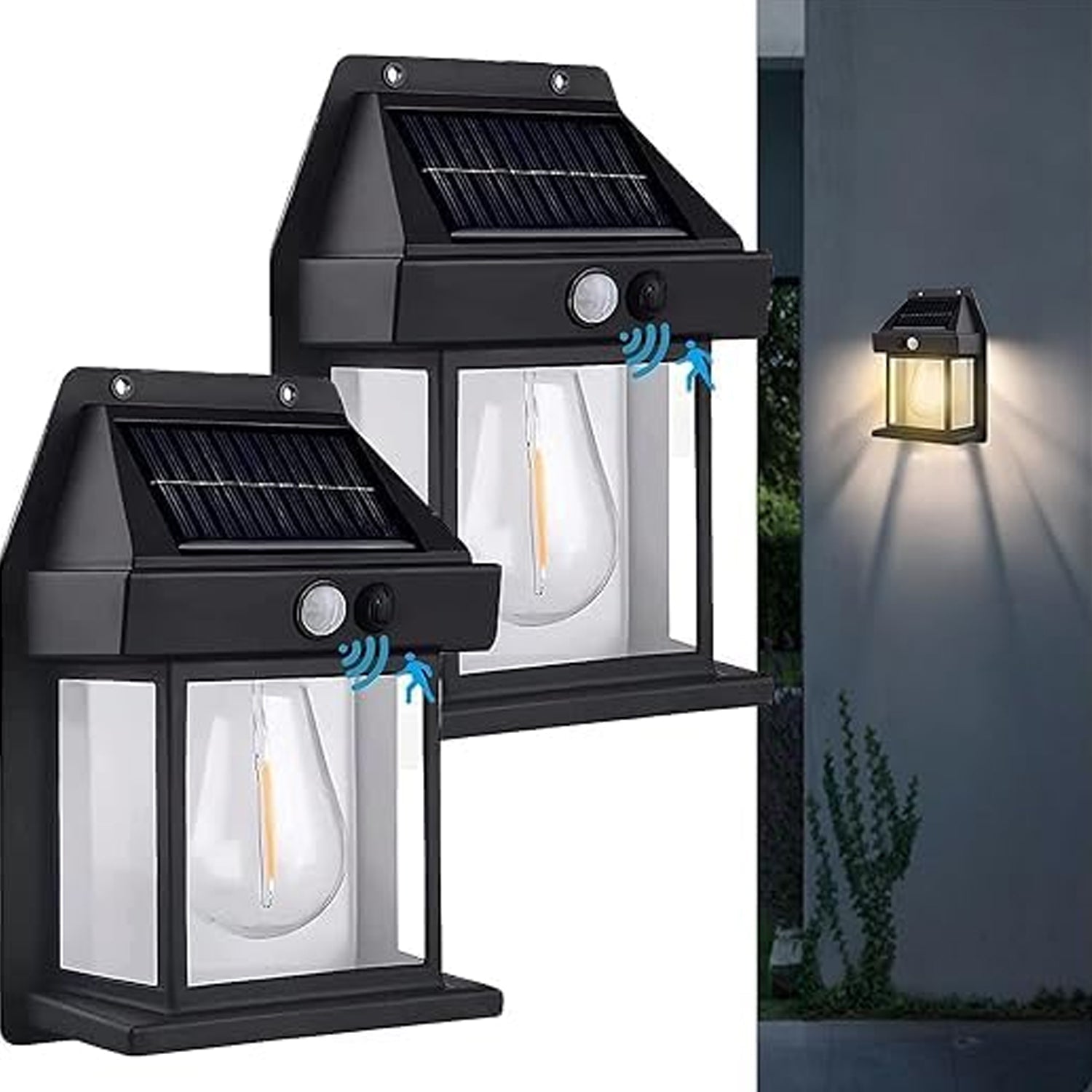 Two black solar wall lamps with clear bulbs are shown, one illuminating a wall in the background at dusk.
