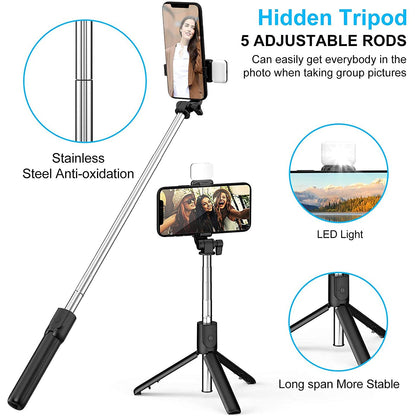 Selfie stick tripod combo providing hands-free use for videos and streaming.