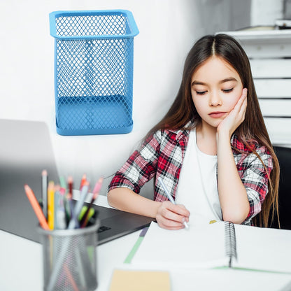 The versatile metal pen holder neatly organizing pens and pencils.