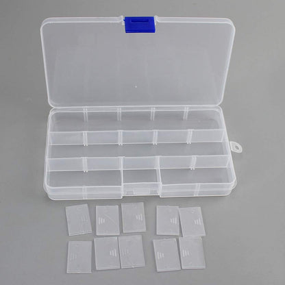 Compact and portable 15-grid plastic organiser for rings, earrings, and small trinkets.