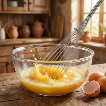 Close-up of manual stainless steel whisk with comfortable grip handle