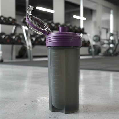 Top view of protein shaker bottle showing leak-resistant lid design