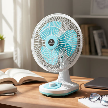 Lifestyle shot of portable desk fan in use