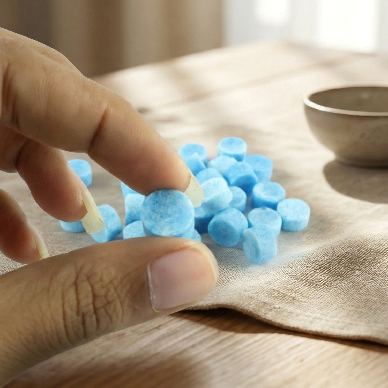Set of blue long-lasting toilet cleaner tablets for tank use