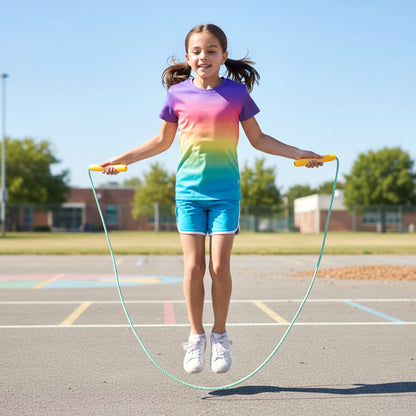 Set of kids skipping jump rope showing comfortable handles and rope