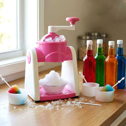 Manual snow cone machine crushing ice by hand crank