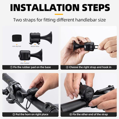Electronic bike horn highlighting its long-lasting battery for extended, reliable performance.