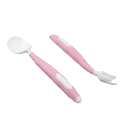 Rounded edges and soft tips of the food-grade silicone baby spoon and fork.
