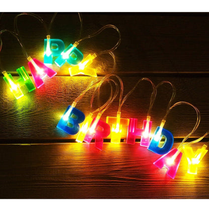 Decorative Happy Birthday LED string lights displaying vibrant colours for party ambience