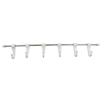 Top-down view of the stainless steel utensil hanger rail, showcasing its compact design and hooks.