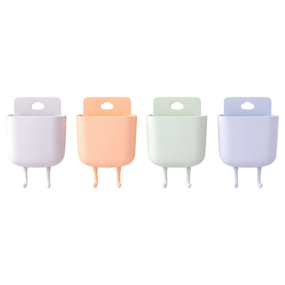 Space saving plastic wall phone stand with storage pocket and hooks