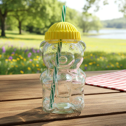cartoon bear kids beverage cup with built-in straw