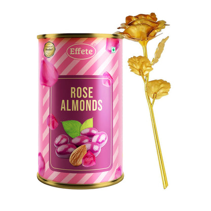 Rose almonds treat box paired with artificial golden rose