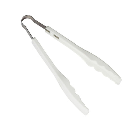 Plastic handle kitchen tongs securely gripping a slice of bread.