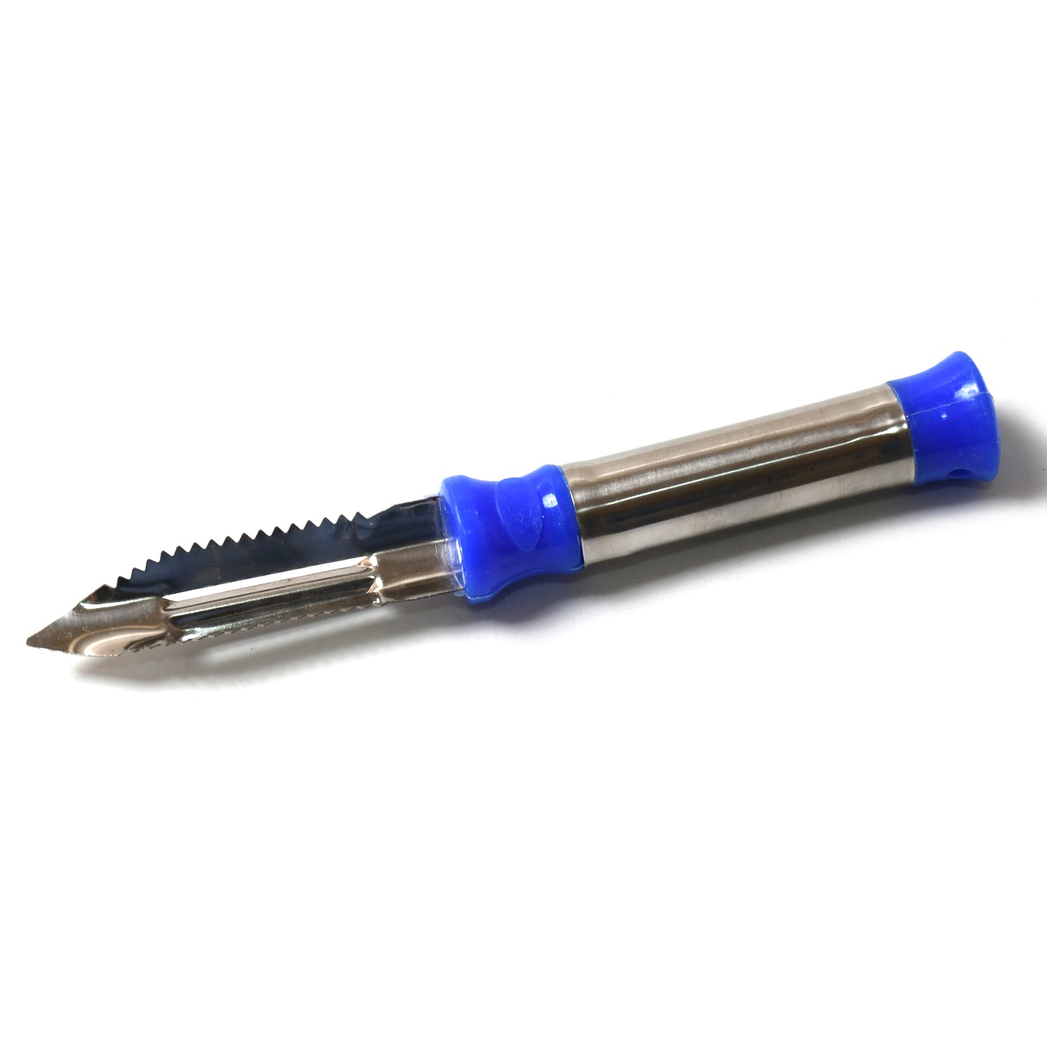 Stainless steel vegetable peeler smoothly removing skin from a potato.