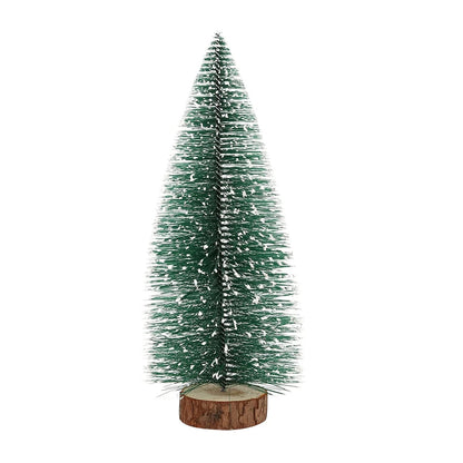 Decorative green artificial fir tree with snow effect standing on wooden base