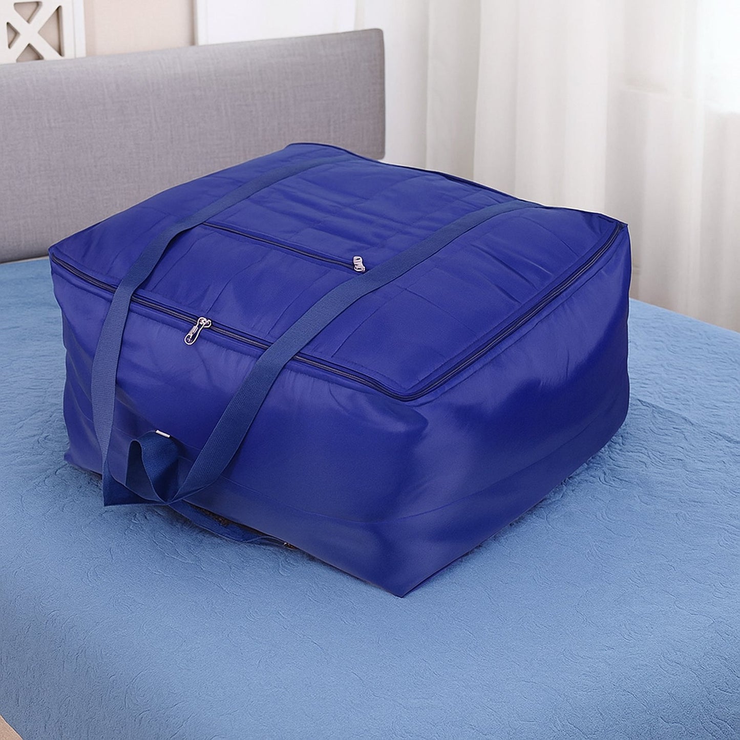 Folded zippered blanket storage bag for space-saving storage