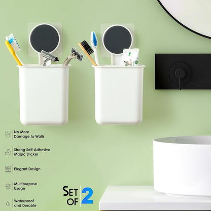 Drill-free adhesive bathroom organizer cups installed on a wall