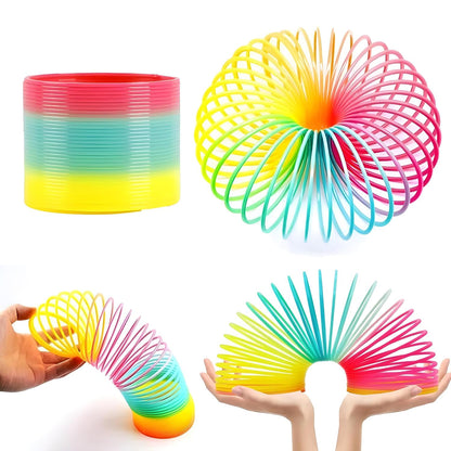 The Rainbow Slinky Toy fully extended, revealing all its vibrant spectrum of colours.