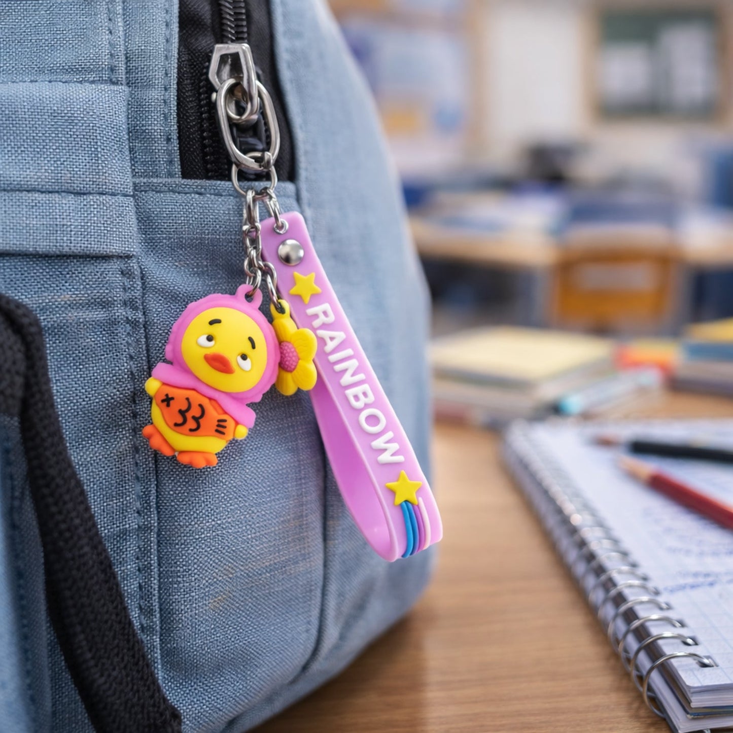 Keychain featuring cute duck and decorative flower charm attached to bag charm
