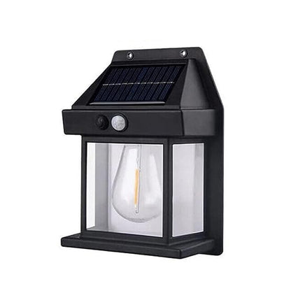 A single black solar wall lamp with a clear bulb and solar panel is displayed against a plain white background.