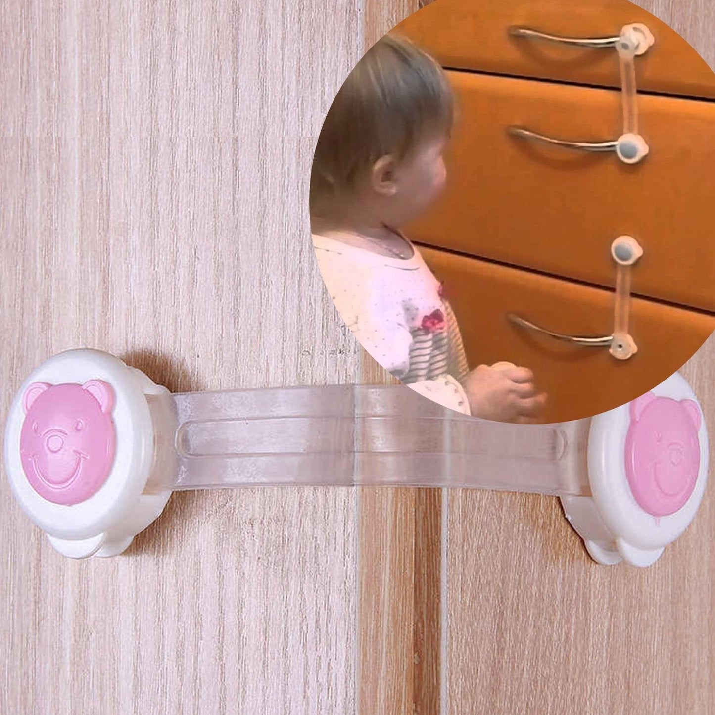 Close-up of the Baby Safety Strap Lock showing the 3M adhesive backing and flexible strap for drawers.