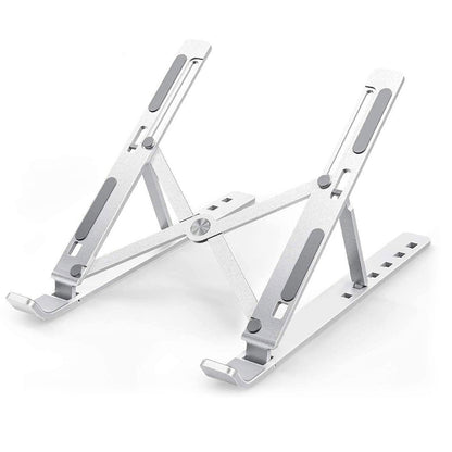 Ergonomic portable laptop stand elevating a laptop on a wooden desk, enhancing workspace.