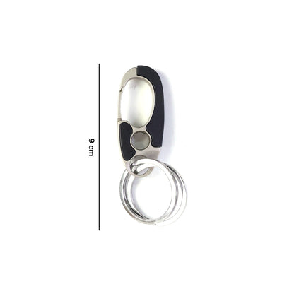 Close-up of locking clip mechanism on stainless steel keychain