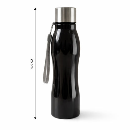 Stainless steel water bottle with its secure screw cap and sturdy base.