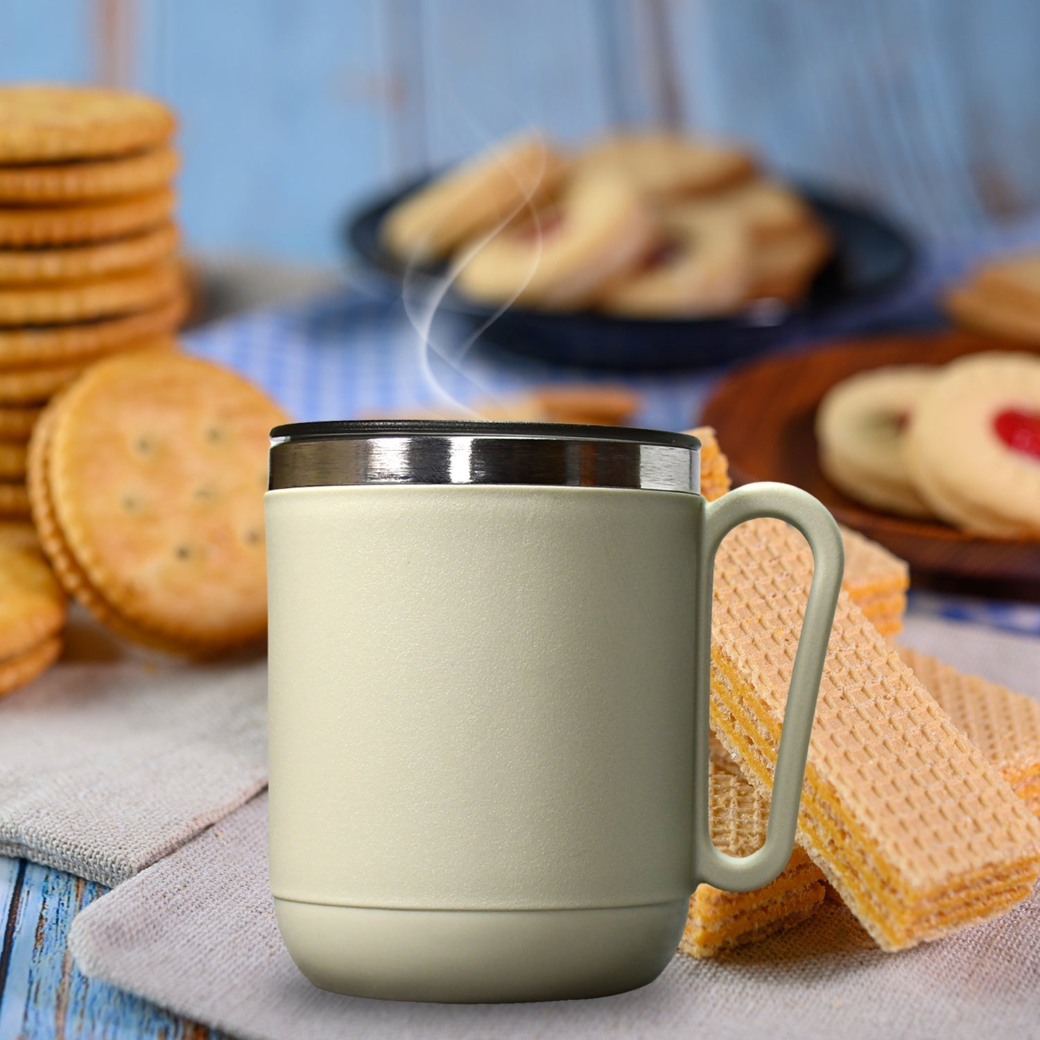The Ganesh coffee mug showcasing its durable stainless steel construction.