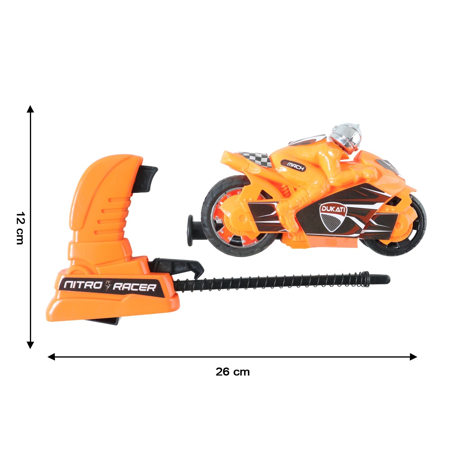 Battery-free launcher bike toy ready for fast stunts and races