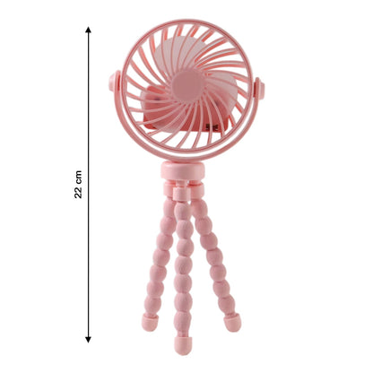 Portable fan mounted on flexible tripod stand in use outdoors