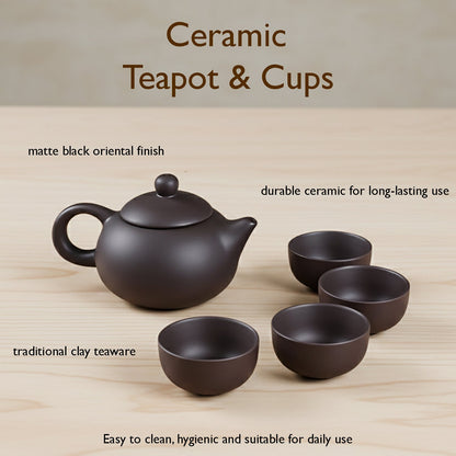 Black ceramic teapot featuring an ergonomic handle for comfortable pouring