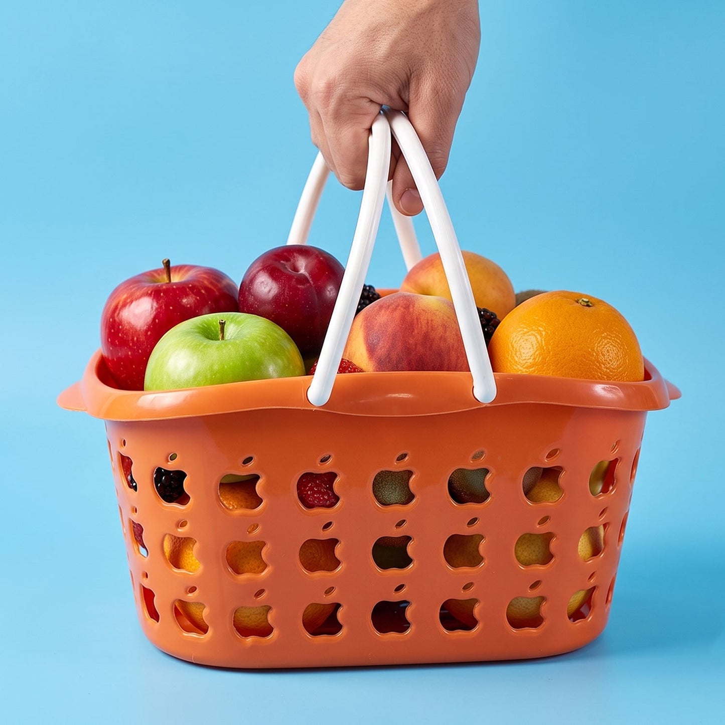 Plastic storage basket with handle featuring apple cutout design
