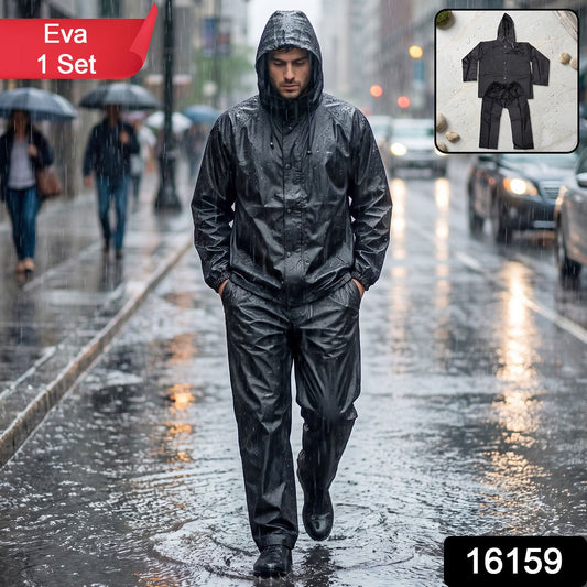 Durable EVA rain suit with hood, designed for complete monsoon protection.