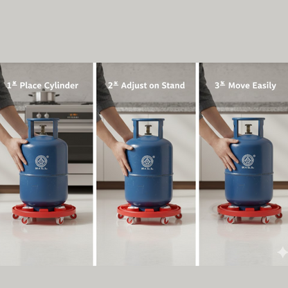 Empty base of the red plastic gas cylinder trolley, highlighting its design.