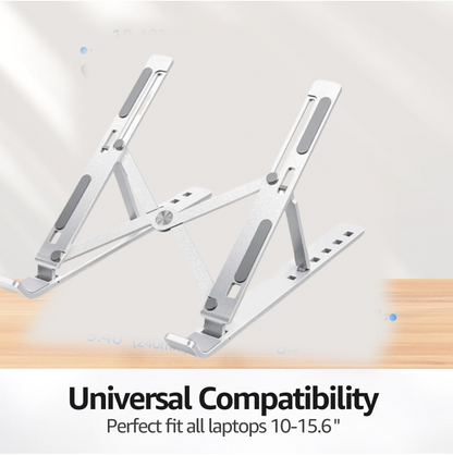 The portable laptop stand folded compactly, highlighting its travel-friendly design.