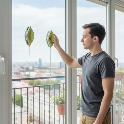 Detailed diagram explaining the double-sided magnetic window washing equipment.